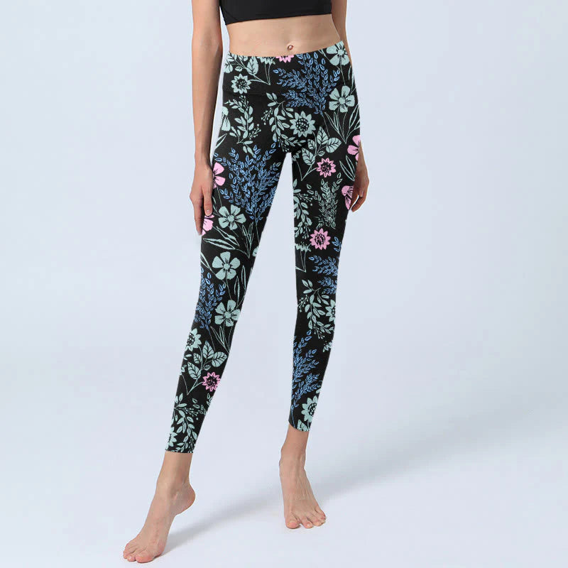Buddha Stones Bold Color Contrast Flower Leaf Pattern Print Gym Leggings Women's Yoga Pants