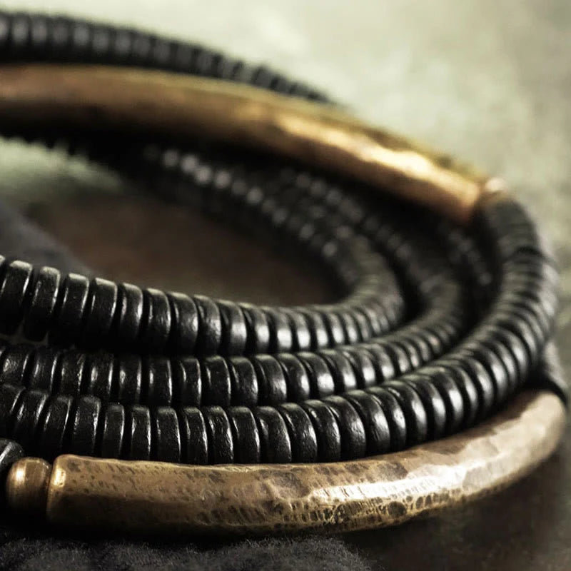 Buddha Stones Ebony Wood Brass Copper Balance Multilayered Bracelet