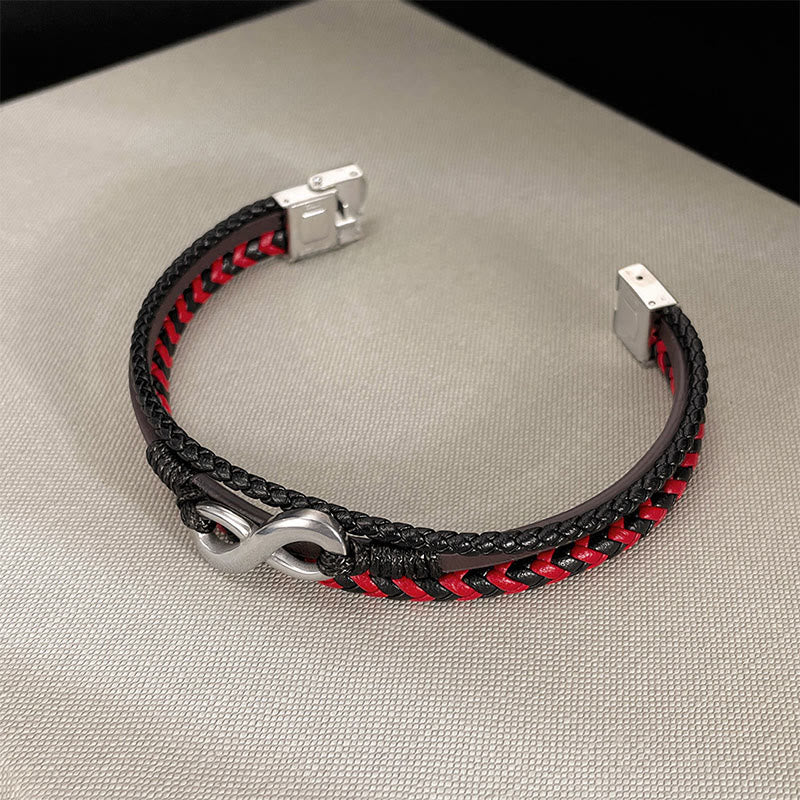 Buddha Stones Infinitely Design Titanium Steel Braided Three-layer Leather Balance Bracelet