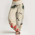 Buddha Stones Print Cranes Plum Blossoms Pattern Women's Elastic Waist Harem Cotton Pants