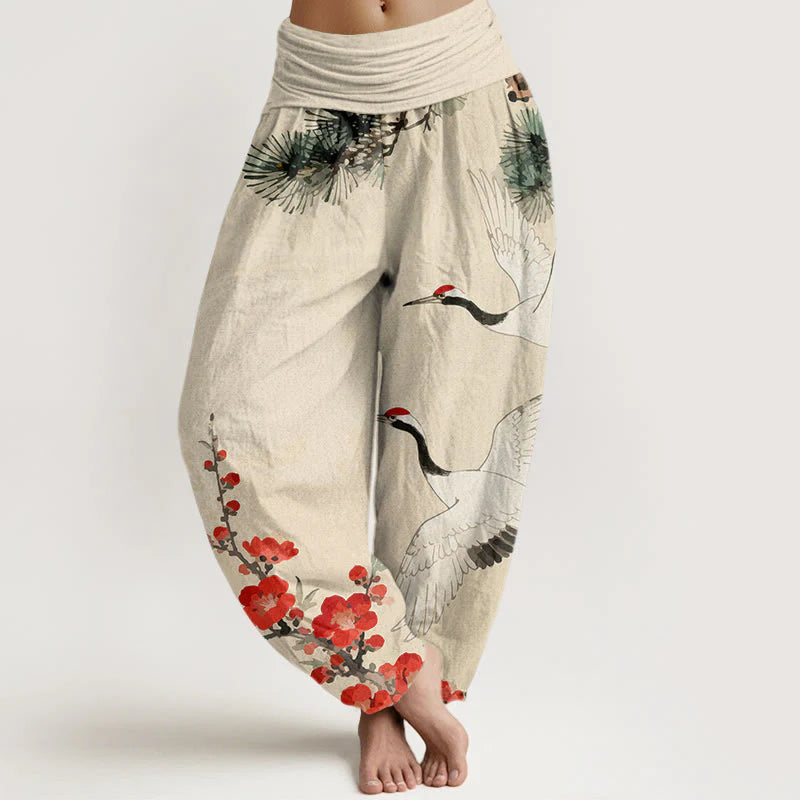 Buddha Stones Print Cranes Plum Blossoms Pattern Women's Elastic Waist Harem Cotton Pants