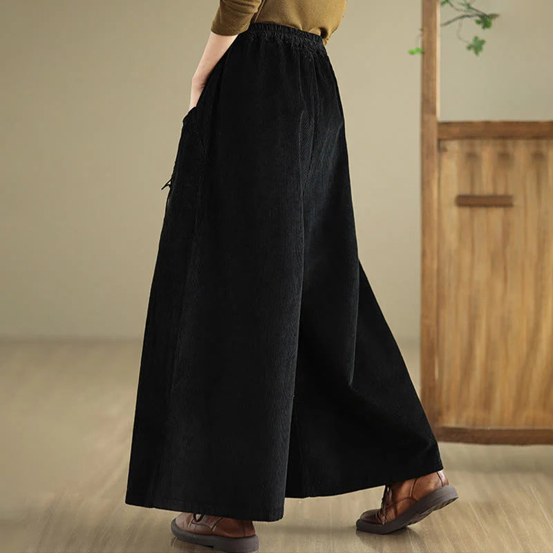 Buddha Stones Women's Pure Color Drawstring Design Wide Leg Corduroy Pants With Pockets