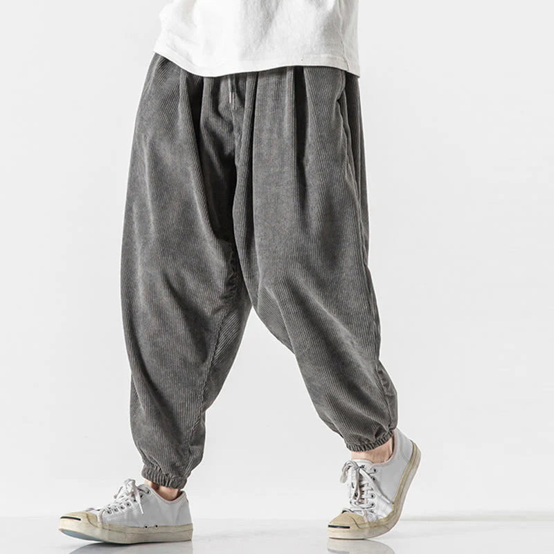 Buddha Stones Casual Pure Color Men's Drawstring Corduroy Harem Ankle-Length Pants With Pockets