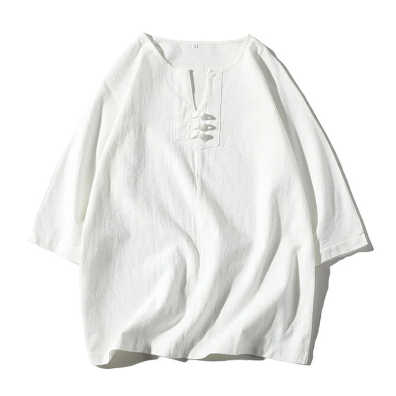 Buddha Stones 2Pcs Plain Notched Collar T-Shirt 7-8 Length Wide Leg Shorts With Pockets Cotton Linen Men's Meditation Cloth Set