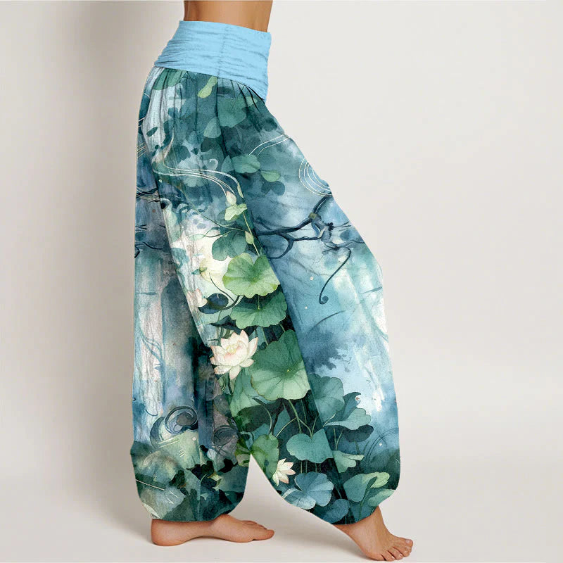 Buddha Stones Pure Cotton Watercolor Style Lotus Flower Leaf Pattern Women's Elastic Waist Harem Pants