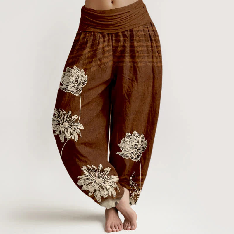 Buddha Stones Lotus High Waist Design Women's Harem Cotton Pants