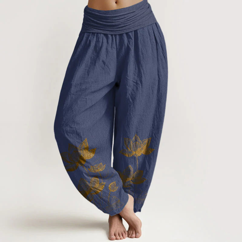 Buddha Stones Pure Cotton Line Drawing Lotus Flower Pattern Women's Elastic Waist Harem Pants