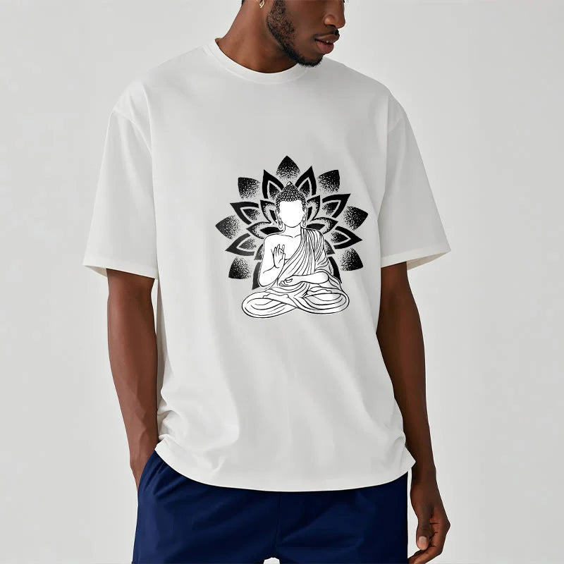 Buddha Stones Seated Buddha Lotus Flower Pattern Tee T-shirt