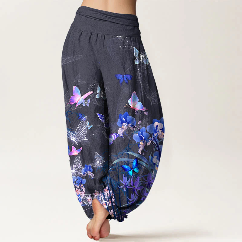 Buddha Stones Pure Cotton Dreamlike Butterfly Flower Grass Bamboo Pattern Women's Elastic Waist Harem Pants