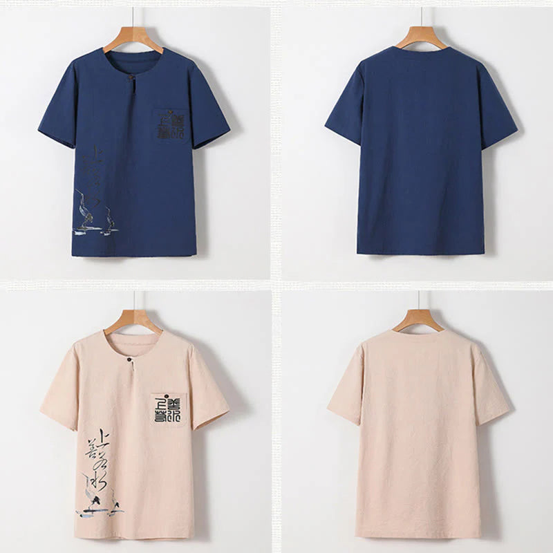 Buddha Stones 2Pcs Chinese Characters Crane Cotton Shirt Pants With Pockets Men's Meditation Cloth Set