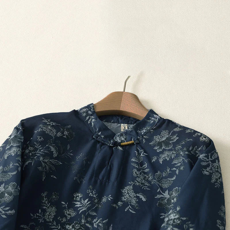Buddha Stones Stand Collar Frog-Button Floral Print Pattern Short Sleeve Mini Dress