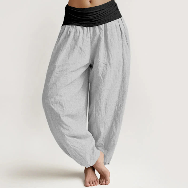 Buddha Stones Cotton Blue Black Gray Solid Color Women's Elastic Waist Harem Pants