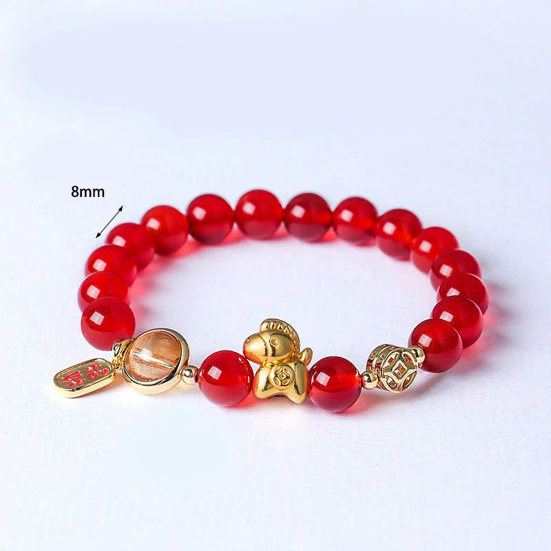 Buddha Stones Year Of The Horse Natural 8mm Black Obsidian Red Agate Pink Crystal Strength Bracelet