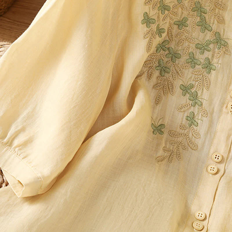Buddha Stones Casual Plant Embroidery Stand Collar Women's Cotton Blend Three Quarter Sleeve Shirt