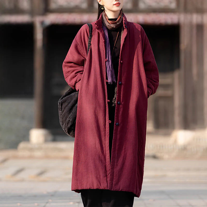 Buddha Stones Winter Solid Frog-Button Ramie Cotton Women's Long Sleeve Thermal Coat With Pockets