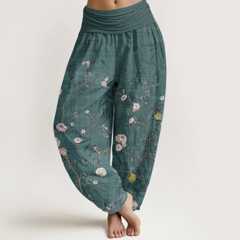 Buddha Stones Pure Cotton Pink White Flowers Bamboo Leaves Fruits Design Women's Elastic Waist Harem Pants