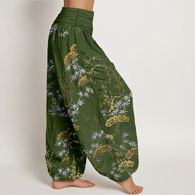 Buddha Stones Pure Cotton Pine Bamboo Plum Pattern Women's Elastic Waist Harem Pants