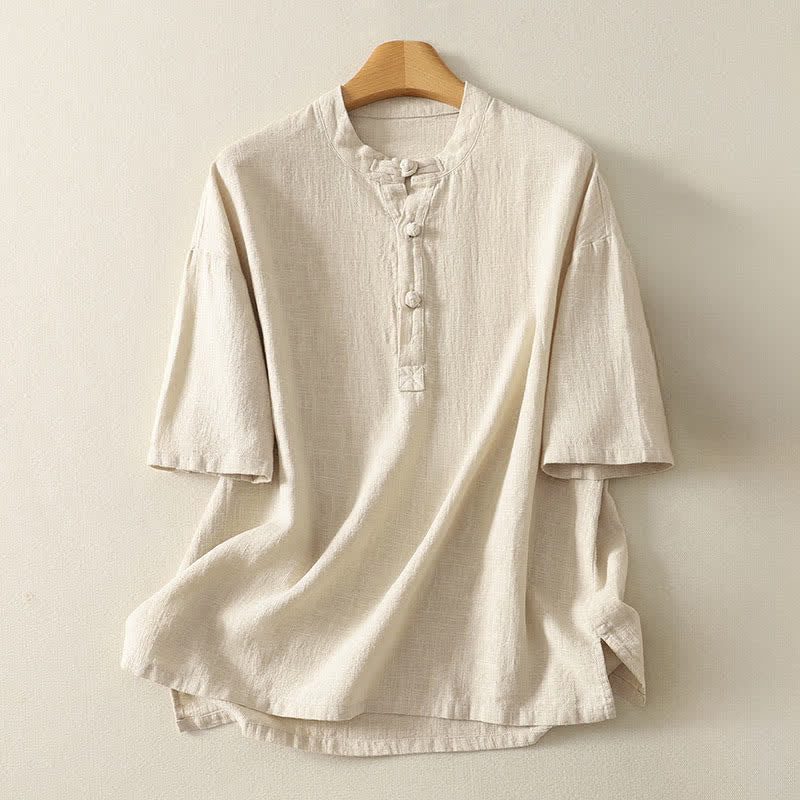 Buddha Stones Summer Stand Collar Buttons Cotton Women's Short Sleeve Shirt