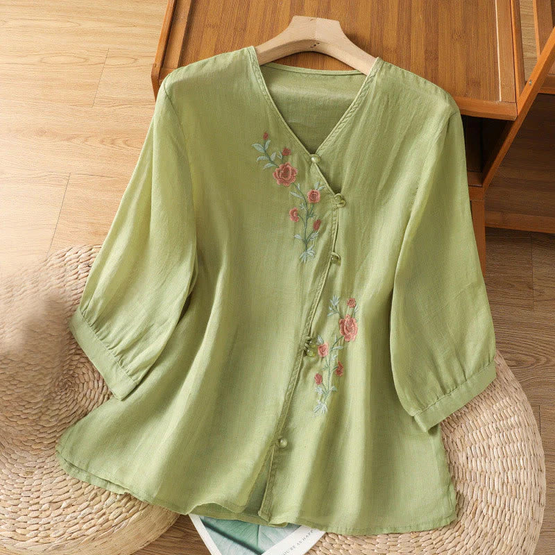 Buddha Stones Embroidered Flowers Cotton Women's V-neck Shirt