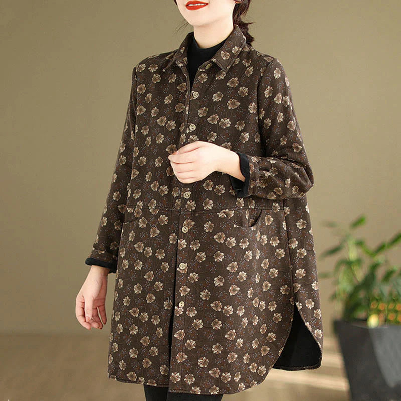 Buddha Stones Fall Winter Buttons Flower Patterns Long Sleeve Cotton Women's Jacket With Pockets