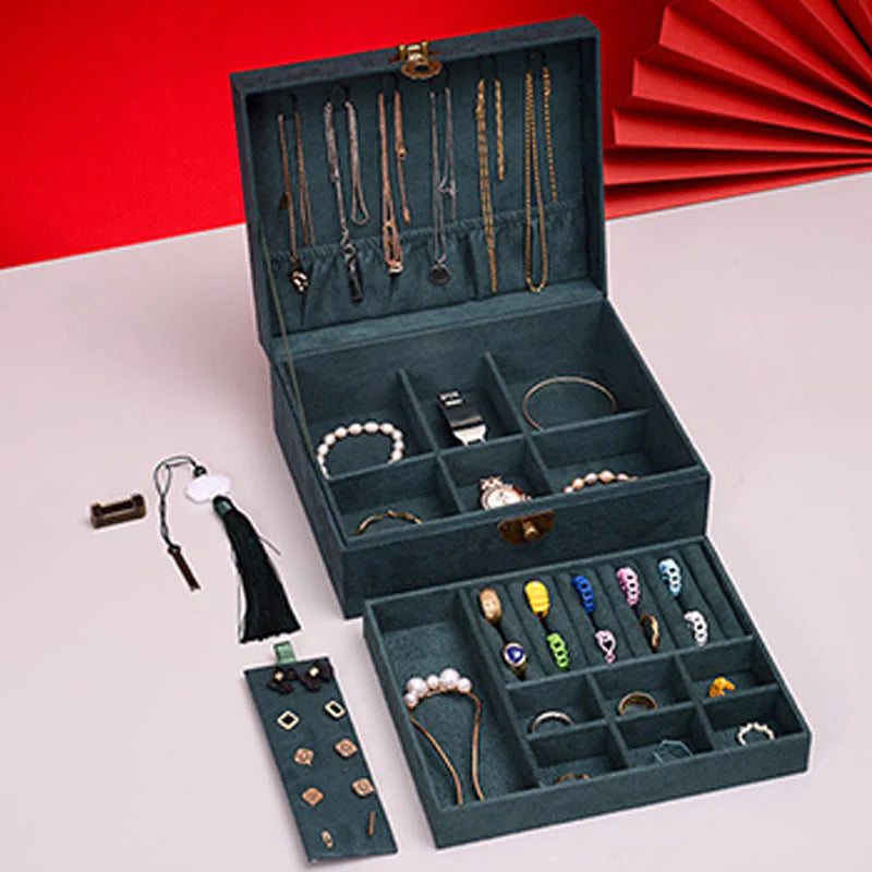 Buddha Stones Simple Design Jewelry Box Organizer Two-Layer Jewelry Storage Box Flannel Box With Lock