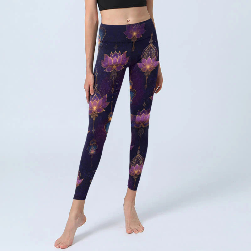 Buddha Stones Dreamlike Lotus Flower Lantern Print Gym Leggings Women's Yoga Pants