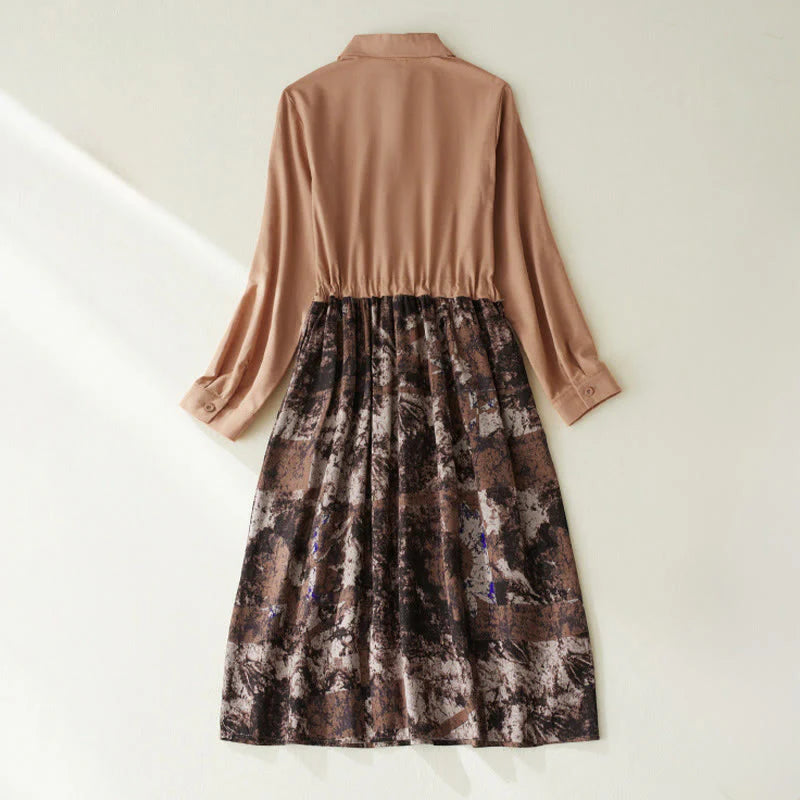 Buddha Stones Fall Printed Patchwork Design Drawstring Long Sleeve Linen Midi Dress With Pockets
