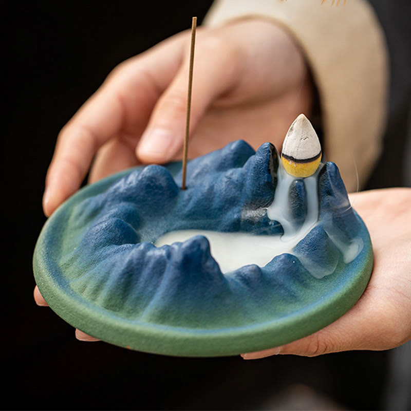 Buddha Stones Creative Mountain River Ceramic Healing Backflow Incense Burner