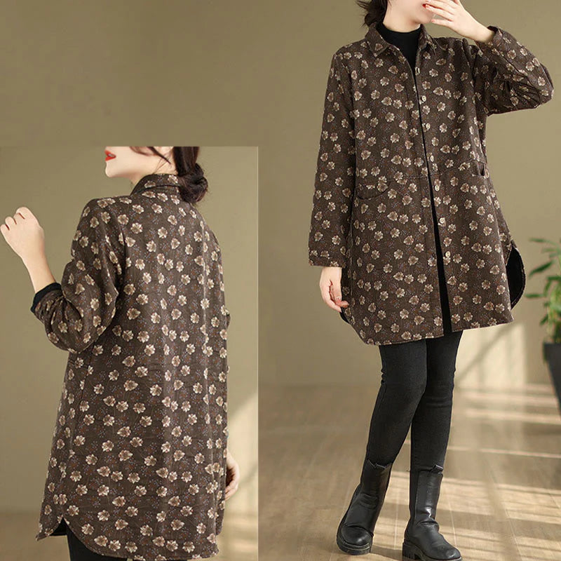 Buddha Stones Fall Winter Buttons Flower Patterns Long Sleeve Cotton Women's Jacket With Pockets