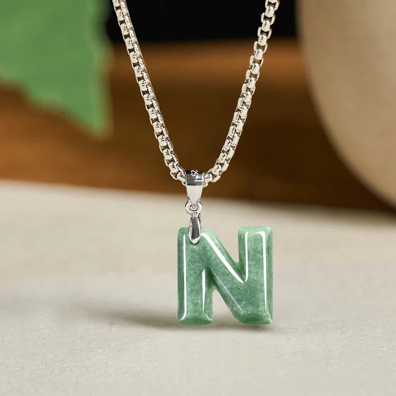 Buddha Stones Natural A-Z Letter Jade Titanium Steel Wide Chain Prosperity Necklace Pendant