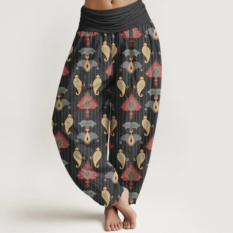 Buddha Stones Pure Cotton Triangle Flame Geometric Shapes Feather Women's Elastic Waist Harem Pants