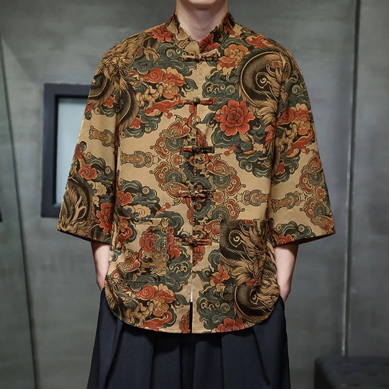 Buddha Stones Spring Frog-Button Dragon Mountain Flower Three Quarter Sleeve Tang Suit Men's Shirt With Pockets