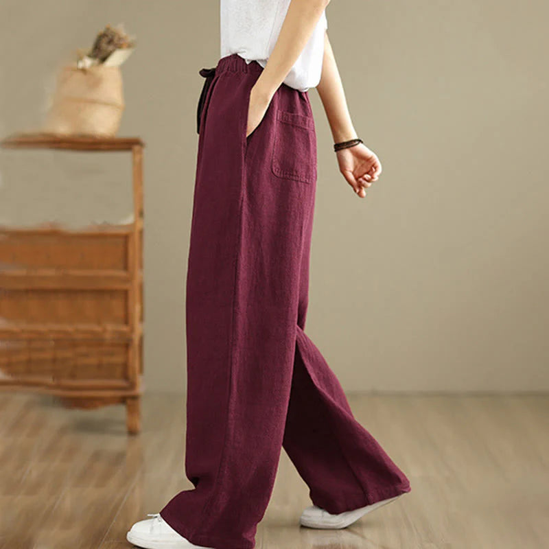 Buddha Stones Commute Retro Solid Color Women's Harem Drawstring Cotton Pants With Pockets