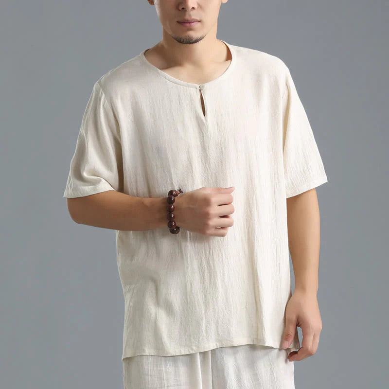 Buddha Stones Men's Solid Color Round Neck Short Sleeve CottonÂ Linen Shirt