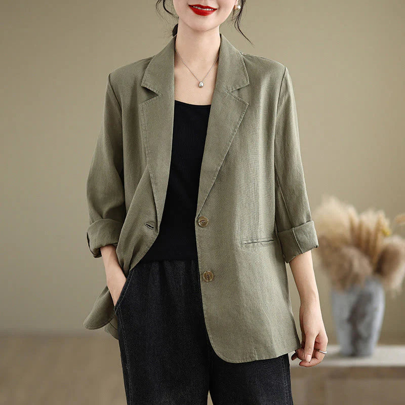 Buddha Stones Spring Solid Color Long Sleeve Cotton Linen Women's Jacket With Pockets