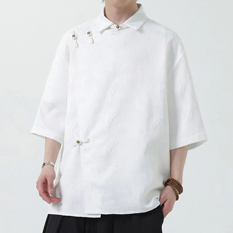 Buddha Stones Summer Mandarin Collar Textured Jacquard Men's Elbow Sleeve Shirt