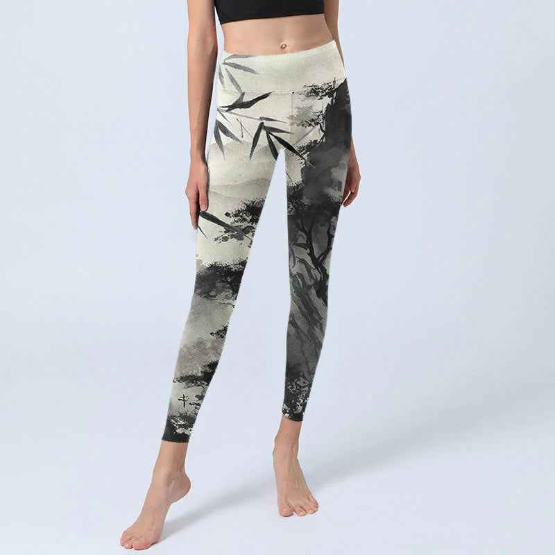 Buddha Stones Ink Bamboo Pine Mountains Print Gym Leggings Women's Yoga Pants
