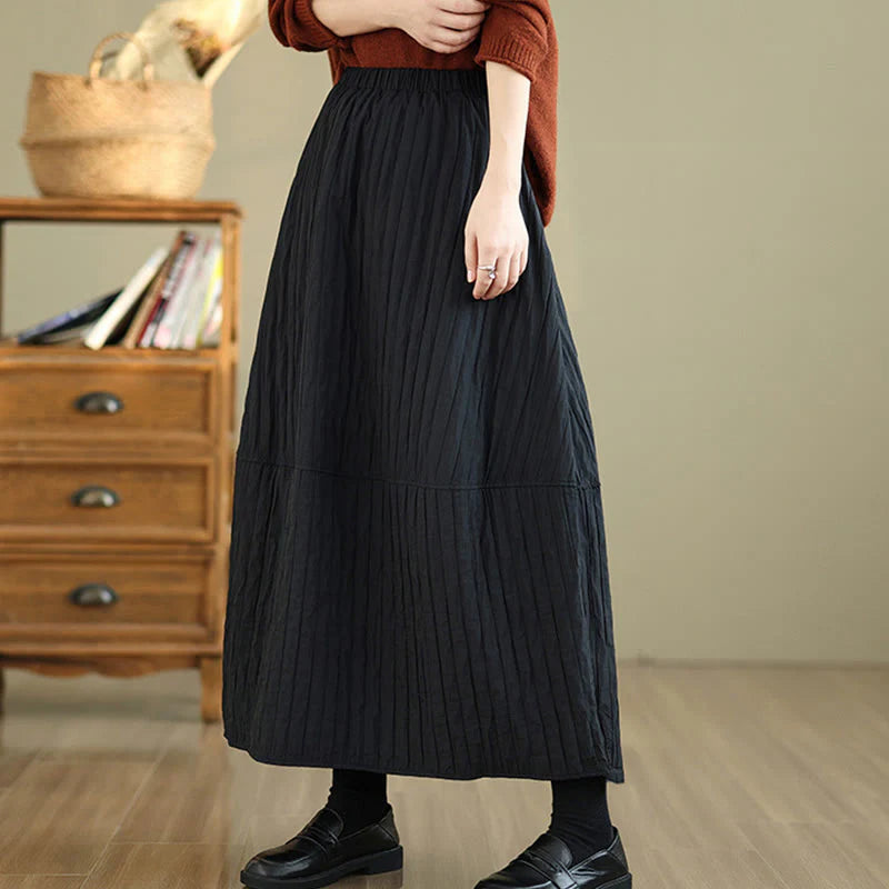 Buddha Stones Plain Pleats Design Elastic Waist Women's Thermal Skirt With Pockets