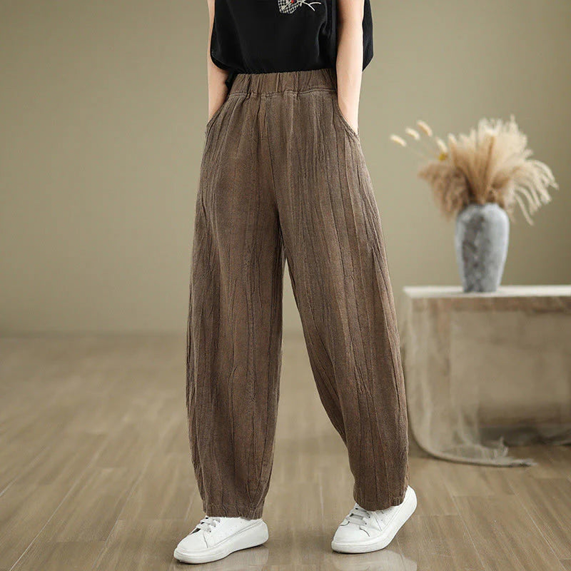 Buddha Stones Casual Plain Women's Cotton Linen Harem Pants With Pockets