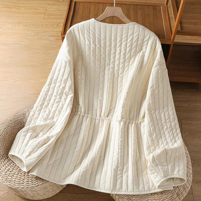 Buddha Stones Women's Plain Crew Neck Drawstring Design Long Sleeve Cotton Jacket With Pocket