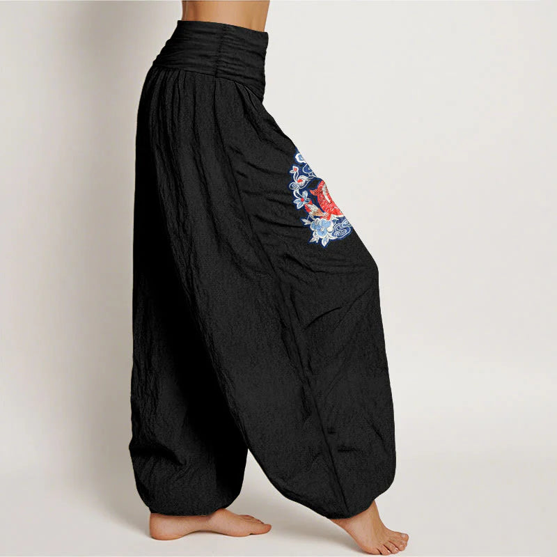 Buddha Stones Pure Cotton Striking Koi Fish Flower Pattern Women's Elastic Waist Harem Pants