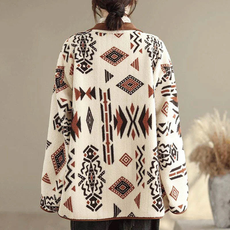 Buddha Stones Fall Winter Buttons Geometric Patterns Long Sleeve Cotton Women's Jacket