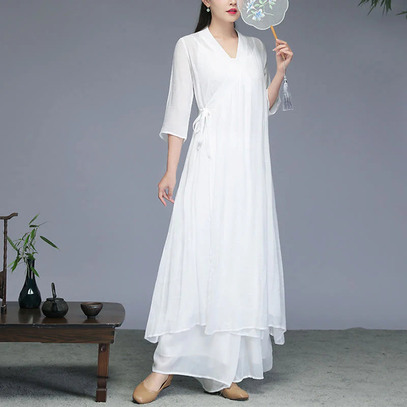 Buddha Stones Hanfu Style Midi Dress Wide Leg Pants Meditation Zen Practice Yoga Dance Clothing