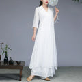 Buddha Stones Hanfu Style Midi Dress Wide Leg Pants Meditation Zen Practice Yoga Dance Clothing