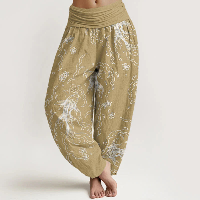 Buddha Stones Cotton Casual Koi Fish Waves And Petal Line Pattern Women's Elastic Waist Harem Pants