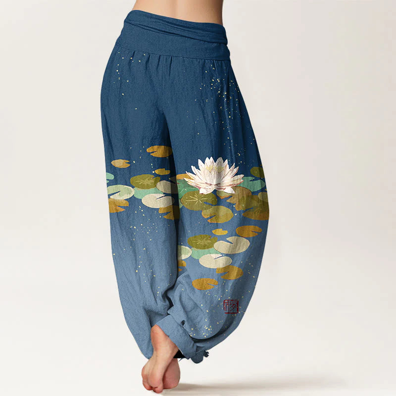 Buddha Stones Printed White Lotus Leaves Pattern Women's Elastic Waist Harem Pure Cotton Pants