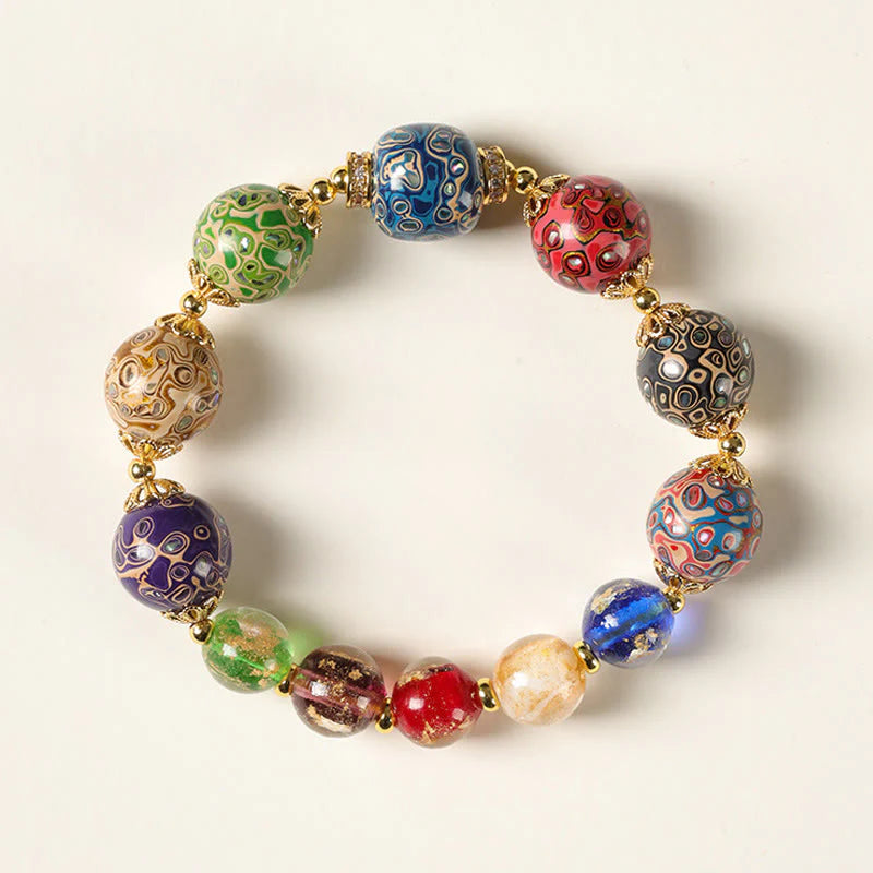 Buddha Stones Colorful Liuli Glass Sandalwood Gourd Bead Lacquer Craft Bracelet