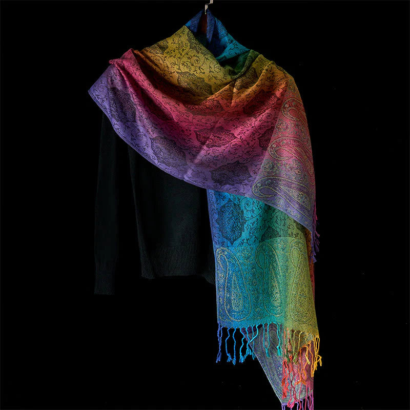 Buddha Stones Spring Colorful Gradient Cashew Flower Pattern Tassel Cozy Scarf Shawl