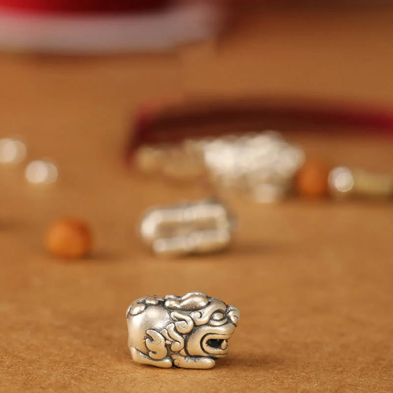 Buddha Stones 999 Sterling Silver Pixiu Charm Peach Wood Bead Handmade String Braided Luck Bracelet Anklet