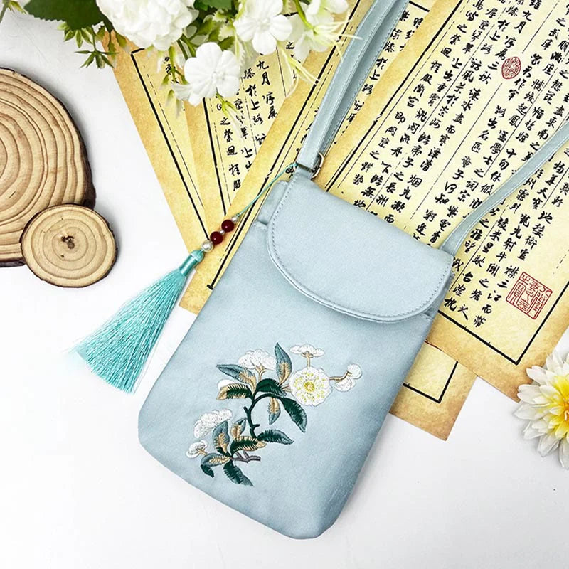 Buddha Stones Small Embroidered Flowers Crossbody Bag Shoulder Bag Double Layer Cellphone Bag